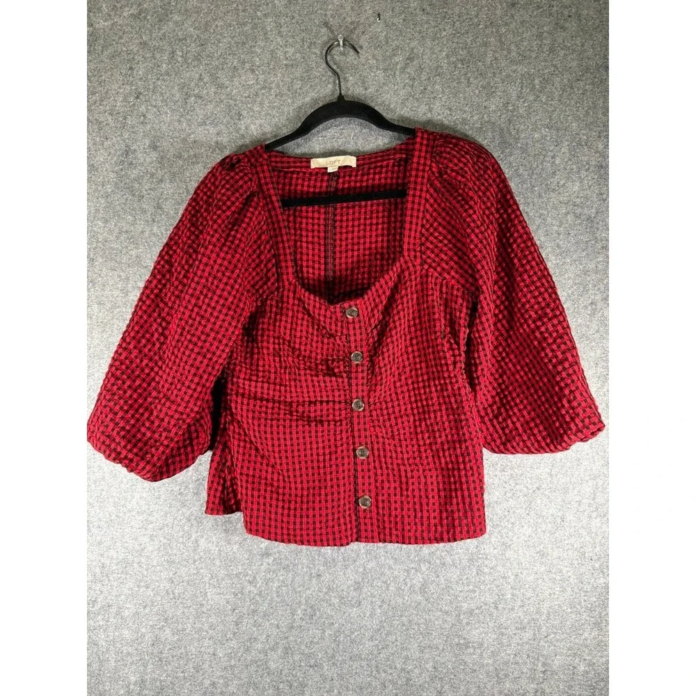 LOFT Women 6 Red Black Gingham Square Neck Puff Sleeve Button Front Top Academic